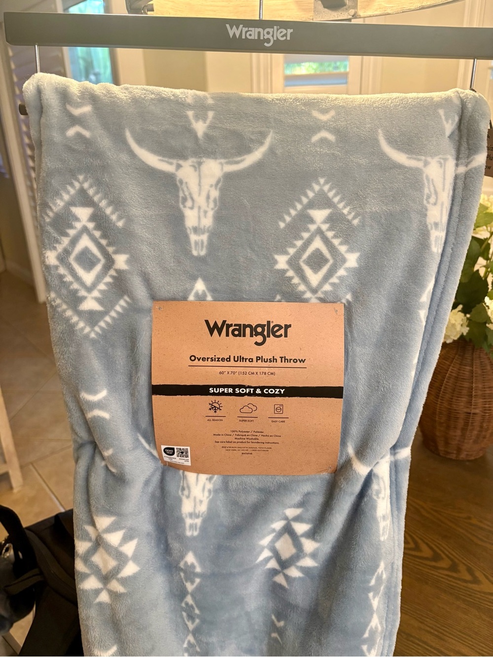 Wrangler Light Blue Southwestern Skull Plush Throw Blanket